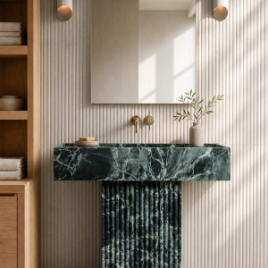 Rhythm Emerald stone vanity in a contemporary bathroom setting