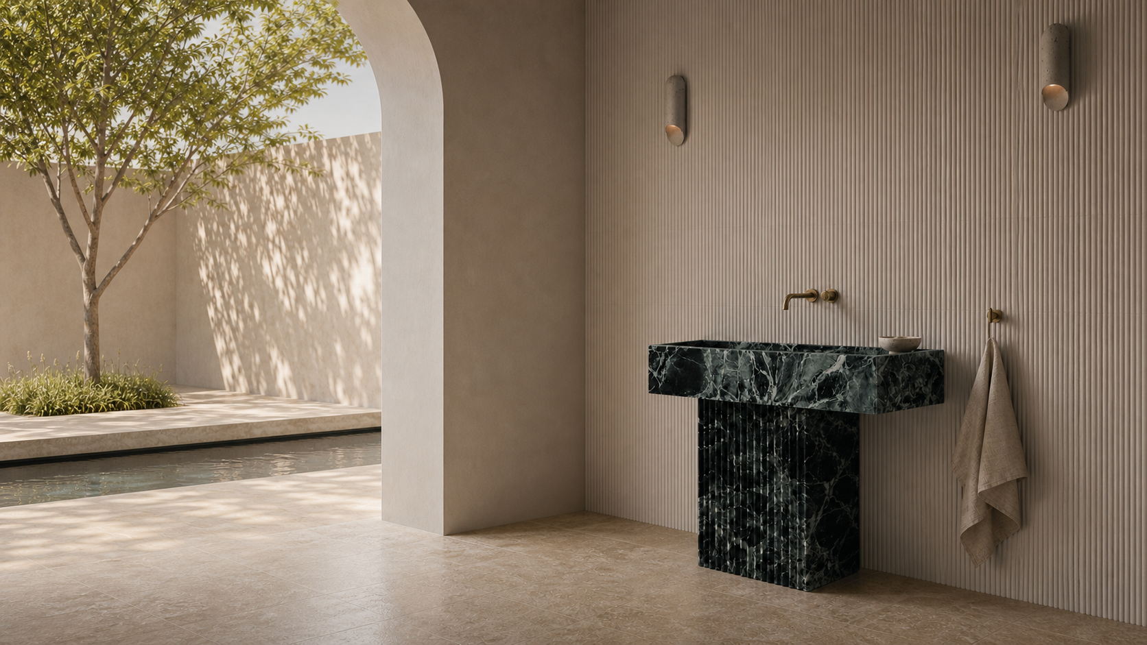 Rhythm Emerald stone vanity in an architectural bathroom, desktop landscape view
