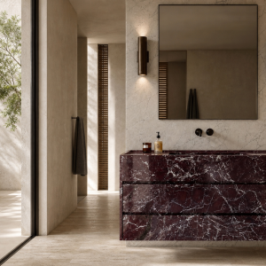 Rosso Levanto Horizon vanity in an architectural bathroom