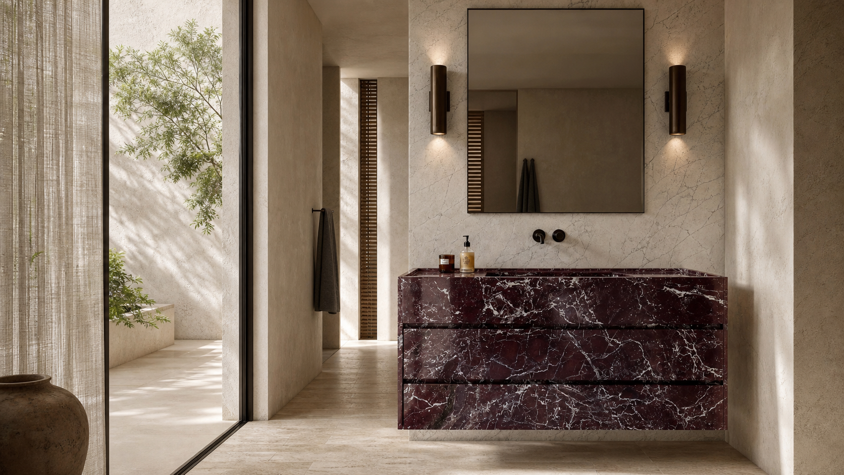 Rosso Levanto Horizon vanity in an architectural bathroom