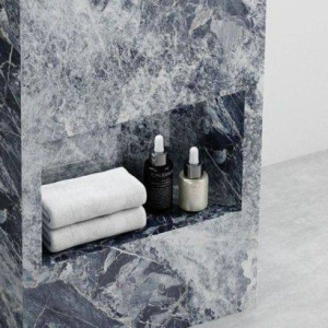Heavy Blue vanity recessed front shelf detail