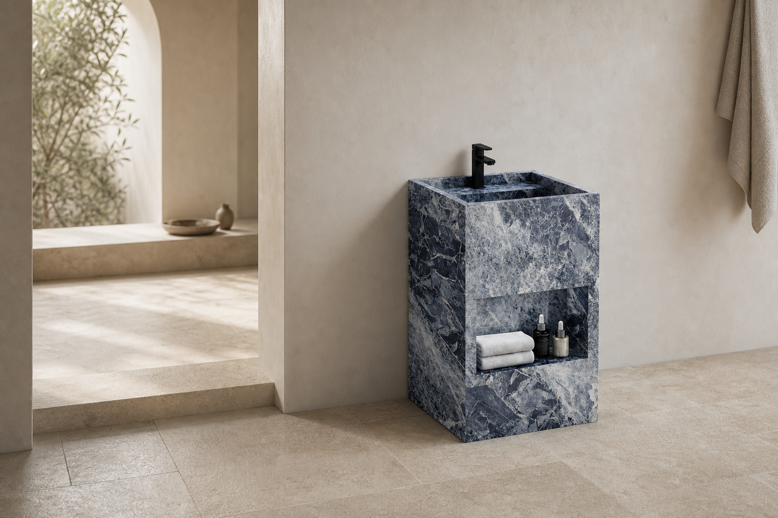 Heavy Blue Monolith vanity in an architectural bathroom