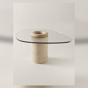 استند تراورتن با پایه استوانه‌ای و صفحه شفاف در نمای افقی